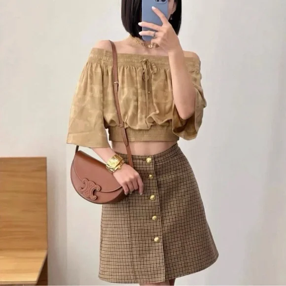 Authentic Celine Tan Patterned Off-Shoulder Top - Picture 8 of 8